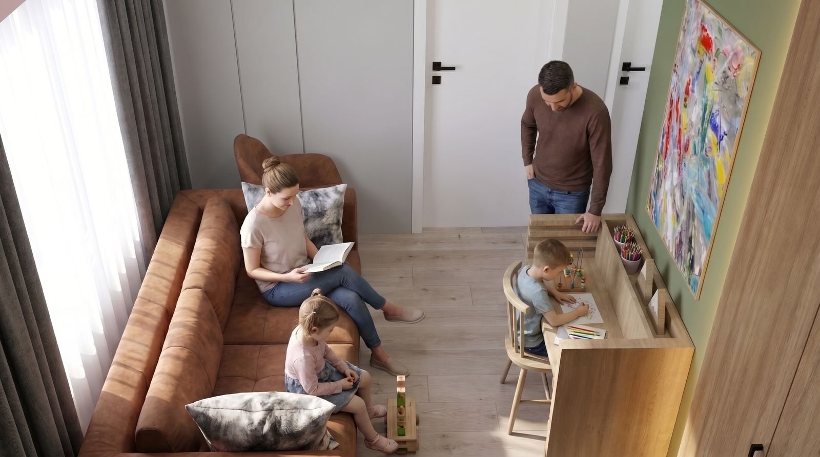 Sofá, mesa infantil e quadro colorido