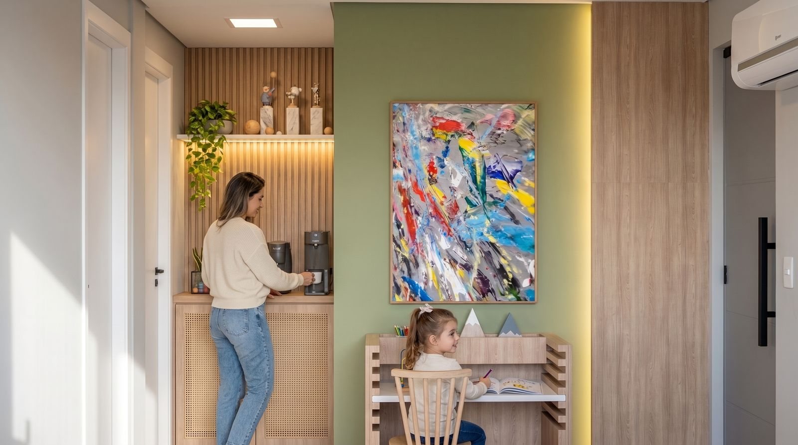 Nicho de café, painel ripado e mesa infantil