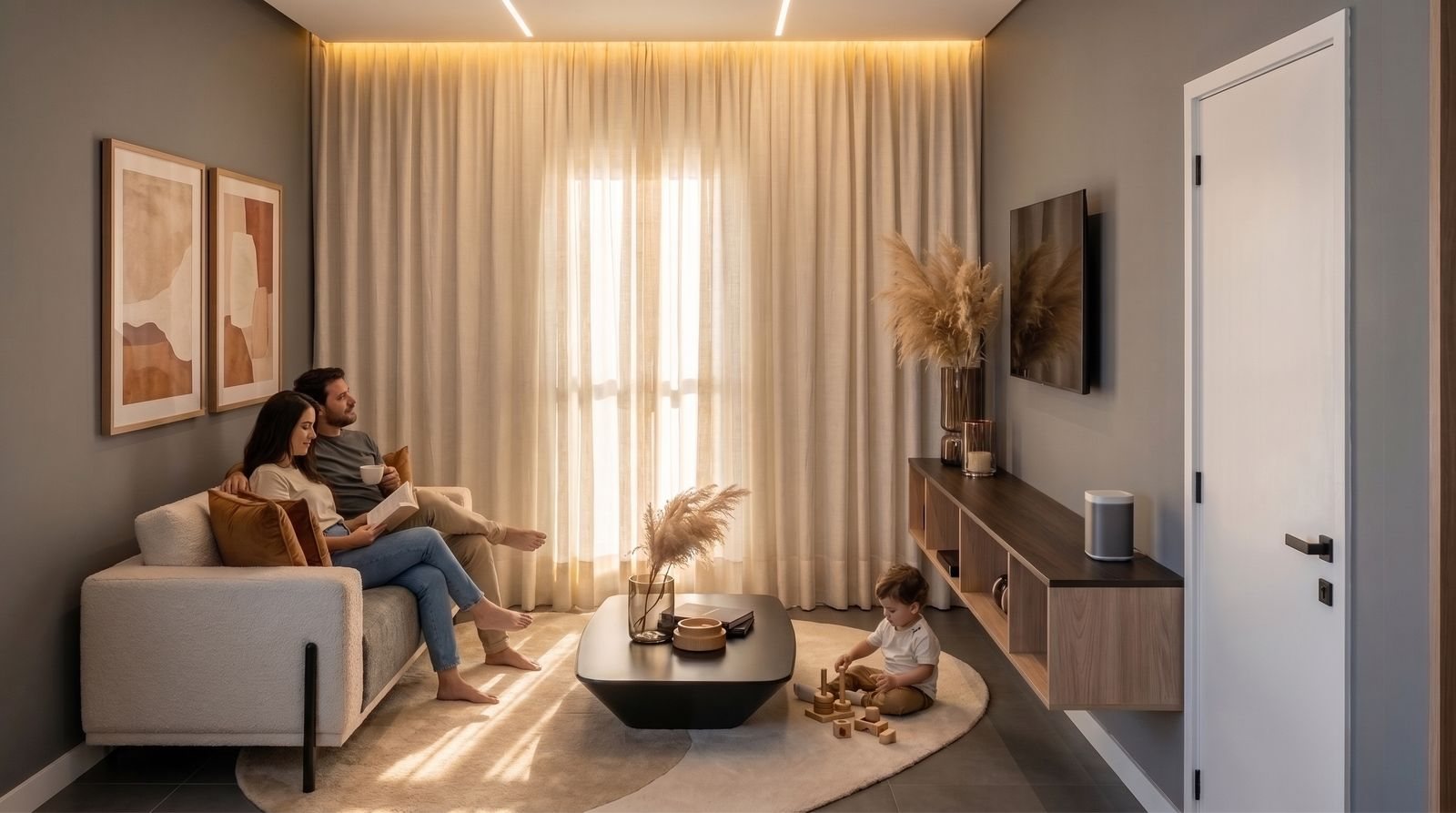 Sala de estar com cortinas e rack suspenso
