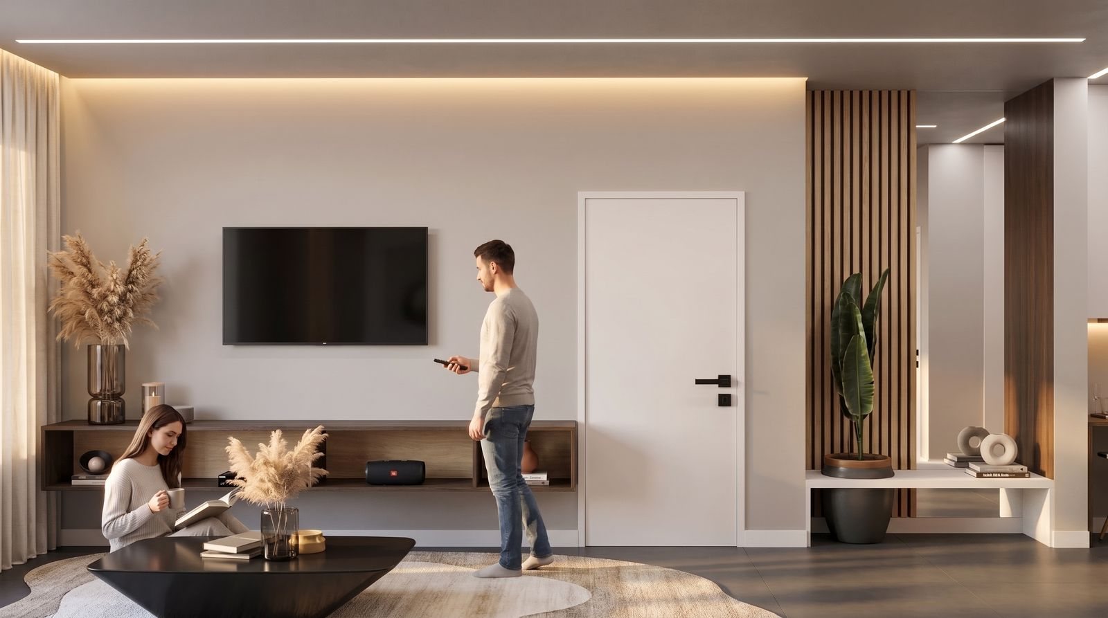 Sala com painel ripado e rack suspenso