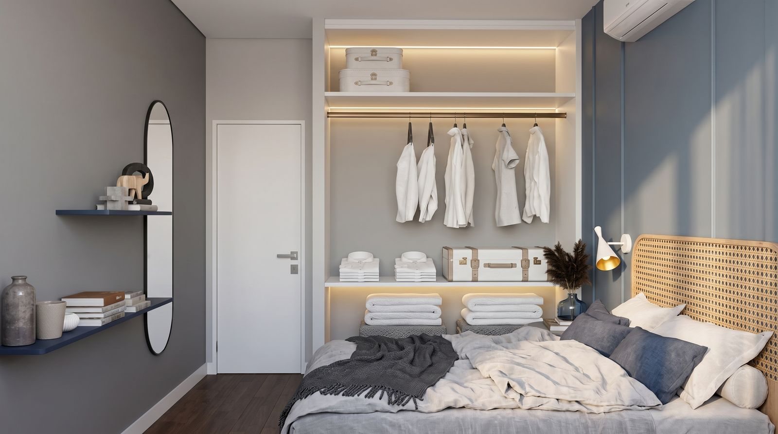 Quarto com closet aberto e cabeceira em palha